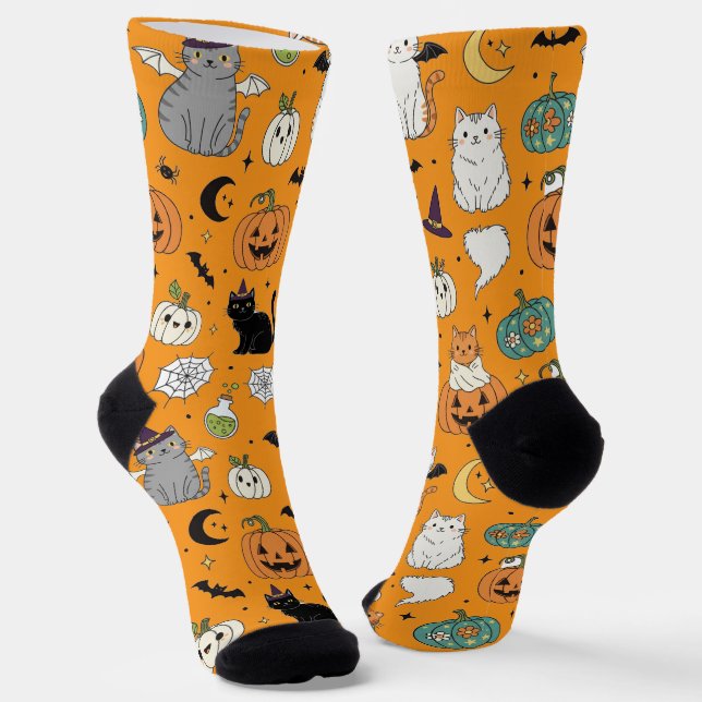 Chaussette Drôle Chats d'Halloween et Citrouilles (Angulaire)