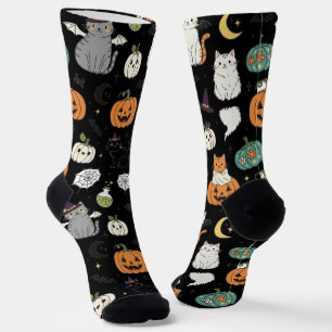 Chaussette Drôle Chats d'Halloween et Citrouilles