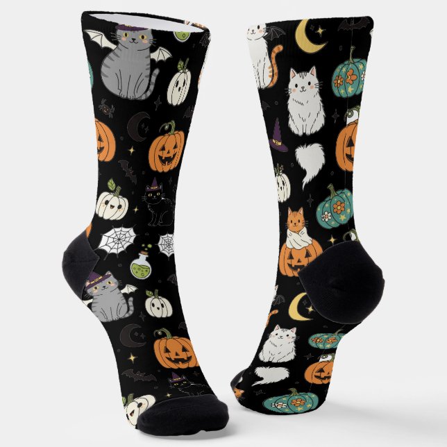 Chaussette Drôle Chats d'Halloween et Citrouilles (Angulaire)