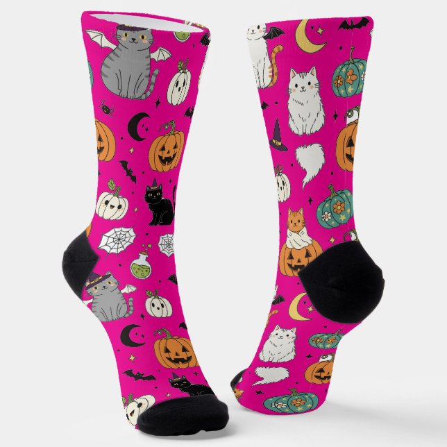 Chaussette Drôle Chats d'Halloween et Citrouilles (Angulaire)