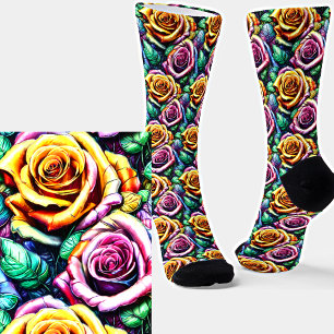 Chaussette Effet 3D Fleurs Roses Jaunes Mauves