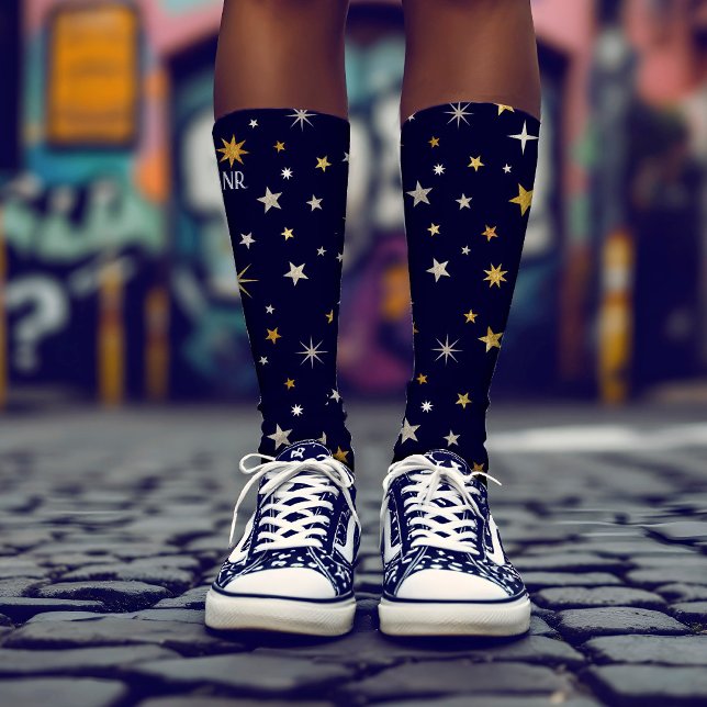 Chaussette Élégant Elegant Or Etoiles Marine Blue Monogramme (Créateur téléchargé)