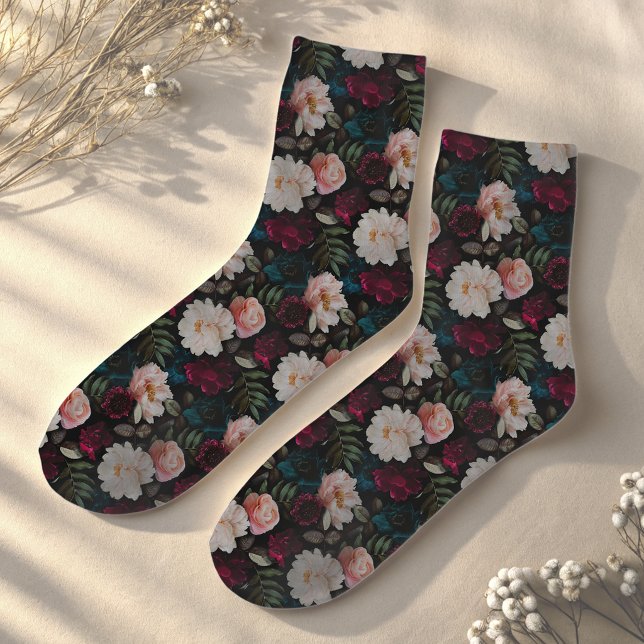 Chaussette Élégant Floral Turquoise Rouge (Créateur téléchargé)
