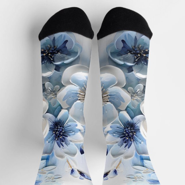 Chaussette Élégant Moderne Fleur Botanique Bleu Blanc (Haut)