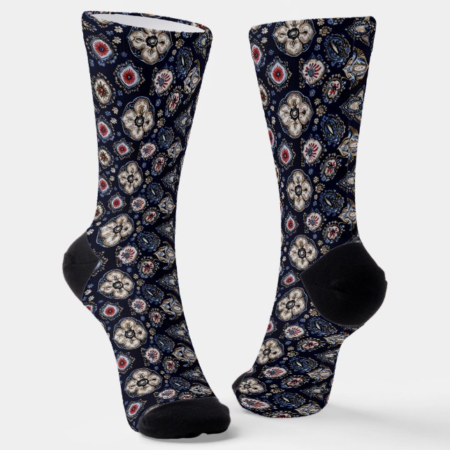 Chaussette Élégant motif floral bleu marine (Angulaire)