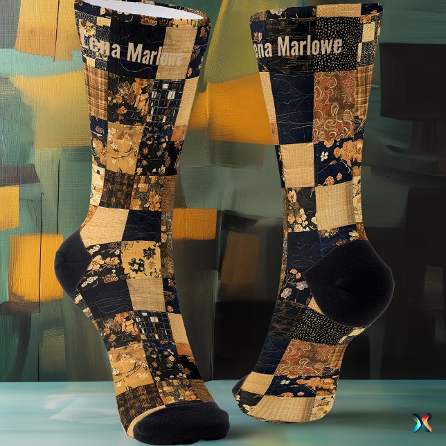Chaussette Élégant Patchwork Navy et Or – Fleurs Personnalisé (Créateur téléchargé)