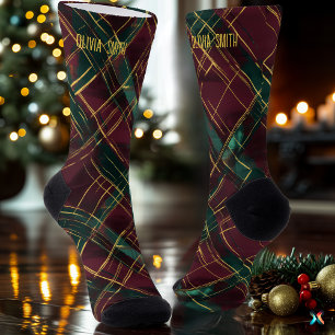 Chaussette Élégant plaid de Noël personnalisé bordeaux et ver
