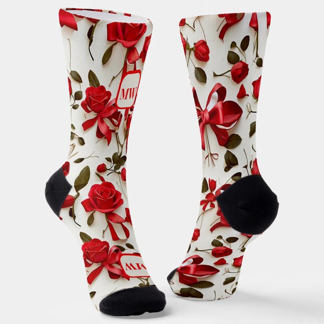 Chaussette Élégant ruban de roses rouges arcs monogramme (Créateur téléchargé)