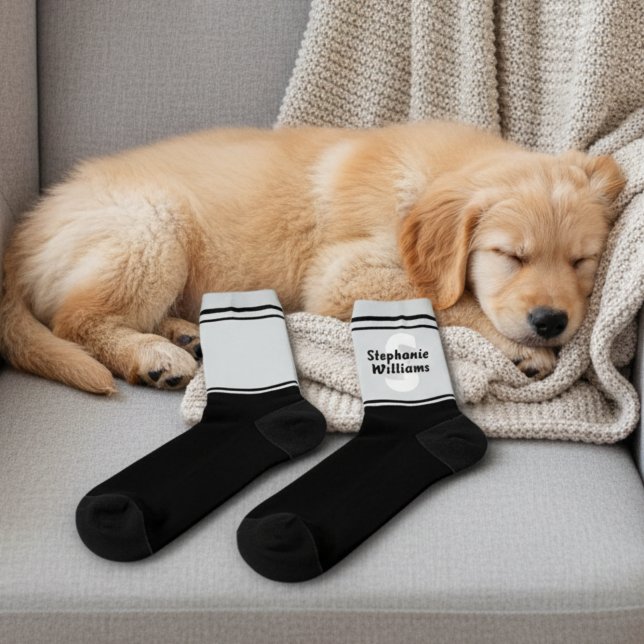 Chaussette Elegant Striped Full Name and Monogram Crew Socks (Black and gray crew socks with custom name and monogram.)