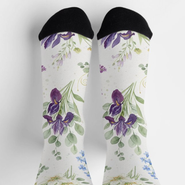Chaussette Elegant Watercolor Iris & Lily Bouquet (Haut)