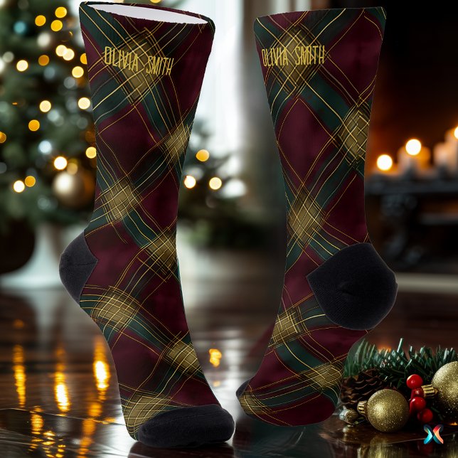 Chaussette Élégante Bourgogne et or Noël Plaid sur mesure (Créateur téléchargé)