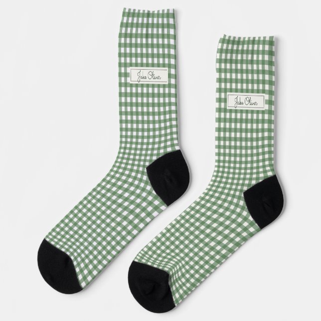 Chaussette en vichy Motif en vert avec nom (Gauche)