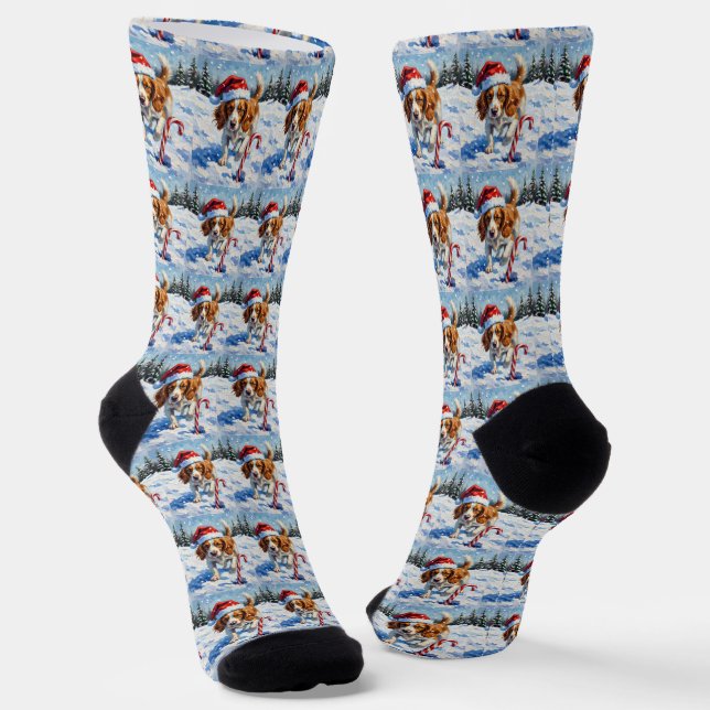 Chaussette Épagneul Breton Pointant sur des Bonbons de Noël (Angulaire)