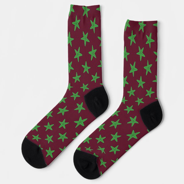 Chaussette Estarfish verte sur chaussettes motifs bordeaux (Gauche)