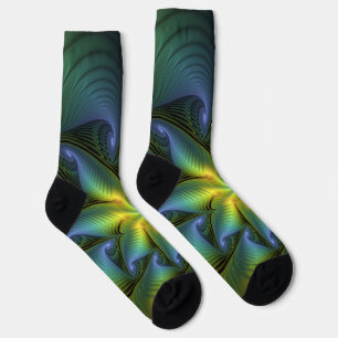 Chaussette Etoile Abstraite, Bleu brillant Vert Or Fractal Ar