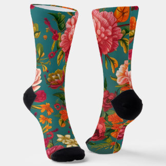 Chaussette Étonnant rose fleuri orange et turquoise