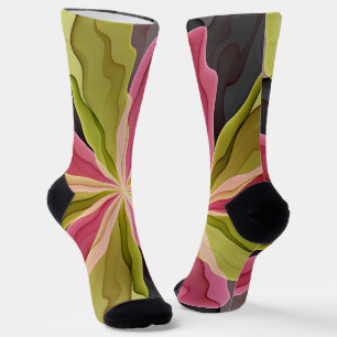 Chaussette Fantaisie de fleurs fractales anthracite vert rose