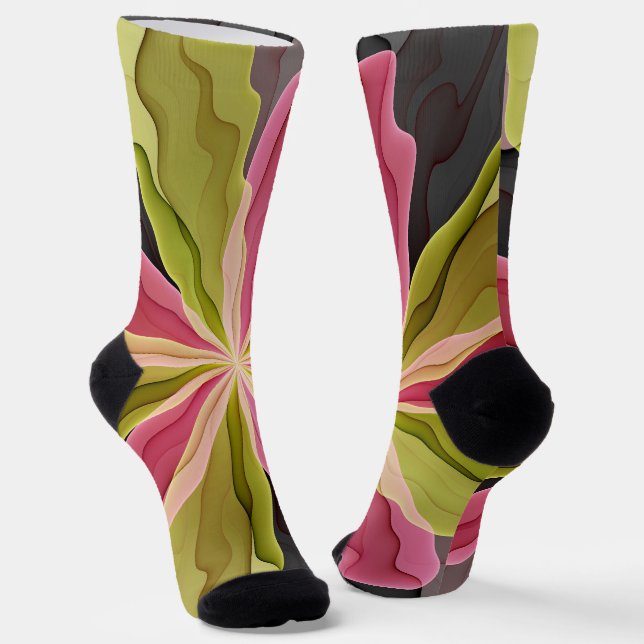 Chaussette Fantaisie de fleurs fractales anthracite vert rose (Angulaire)