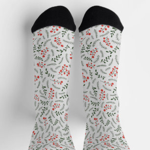 Chaussette Ferme gris foncé vert rouge feuillage motif mignon
