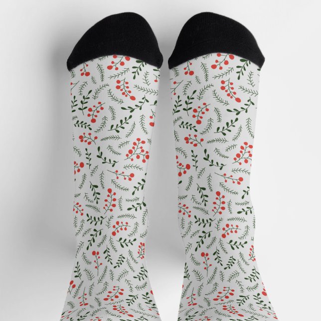 Chaussette Ferme gris foncé vert rouge feuillage motif mignon (Haut)