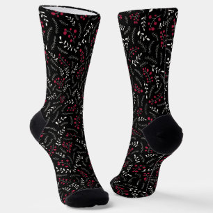 Chaussette Ferme noir rouge blanc rustique feuillage motif