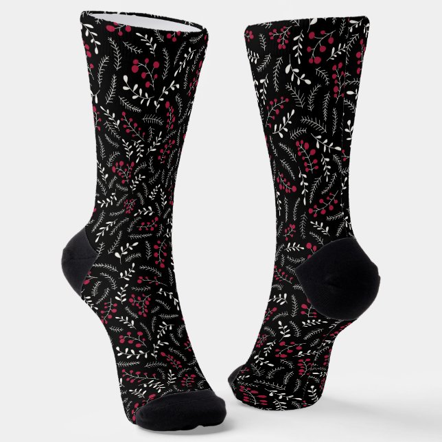 Chaussette Ferme noir rouge blanc rustique feuillage motif (Angulaire)