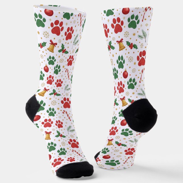 Chaussette Festive Pet Paw Print Christmas Socks: Red & Green (Angulaire)
