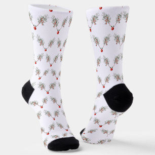 Chaussette Fête de Noël Renne au Nez Rouge Baies de Pin