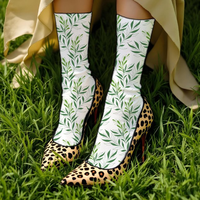 Chaussette Feuillage De Verdure Motif Élégant Vert Et Blanc (Créateur téléchargé)