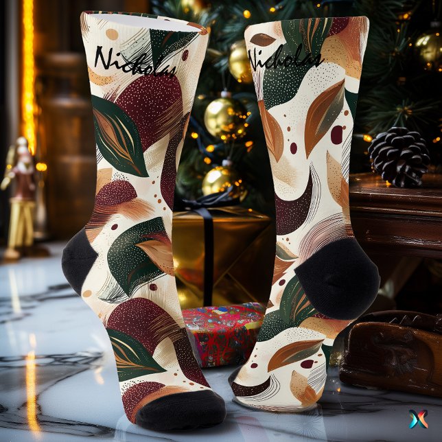 Chaussette Feuilles d'automne en Bourgogne, vert et moutarde (Créateur téléchargé)