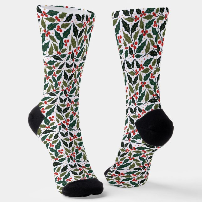 Chaussette Feuilles de houx et étoiles Fond rétro moderne  (Angulaire)