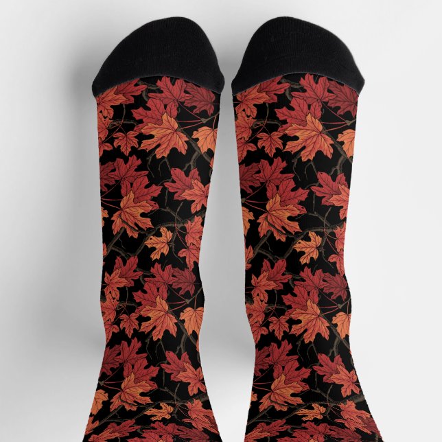 Chaussette Feuilles de l'érable d'automne rouge sur fond noir (Haut)
