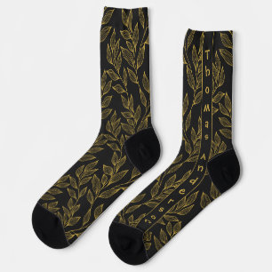 Chaussette Feuilles Dorées, Nom Vertical sur Fond Noir