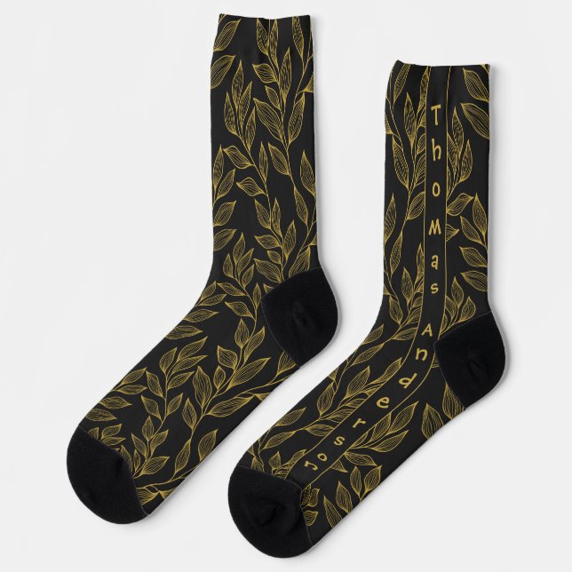 Chaussette Feuilles Dorées, Nom Vertical sur Fond Noir (Gauche)
