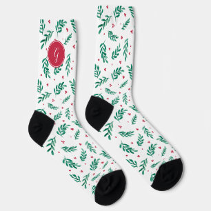 Chaussette Feuilles verts et baies rouges Motif de Noël blanc