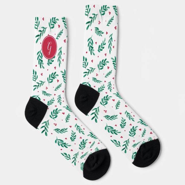 Chaussette Feuilles verts et baies rouges Motif de Noël blanc (Droite)