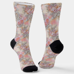Chaussette Fille 3-D motif argent et roses roses rose