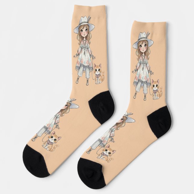 Chaussette Fille à la mode se promenant avec un chat mignon (Gauche)