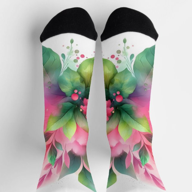 Chaussette Fleur botanique aquarelle rose vert (Haut)