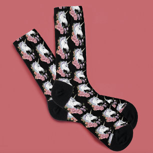 Chaussette Fleur de licorne blanche enchantée rose noir
