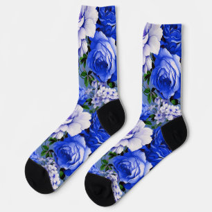Chaussette Fleur de Rose bleu grand rétro