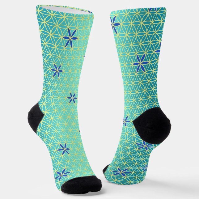 Chaussette FLEUR DE VIE - motif jaune cyan (Angulaire)