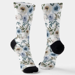 Chaussette Fleur Floral Aquarelle Motif Rose bleu