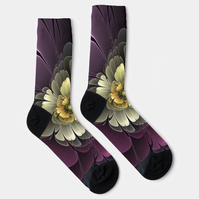 Chaussette Fleur fractale grise pourpre moderne abstraite (Droite)