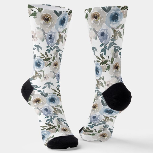 Chaussette Fleur Motif Aquarelle Rose Bleue  (Angulaire)