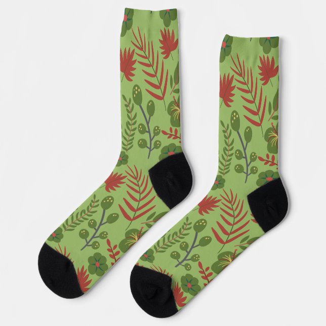 Chaussette Fleur motif, branche, feuille fleurie verte sans s (Gauche)