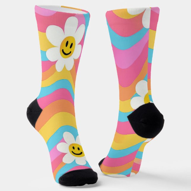 Chaussette Fleur ondulée groovy smiley rétro (Angulaire)