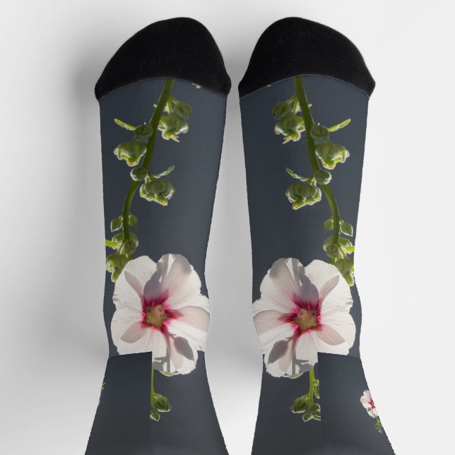 Chaussette Fleur rose feuilles vert pâle sur gris foncé (Haut)