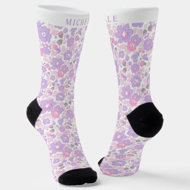 Chaussette Fleur rose florale blanche pastel pâle sur mesure (Angulaire)