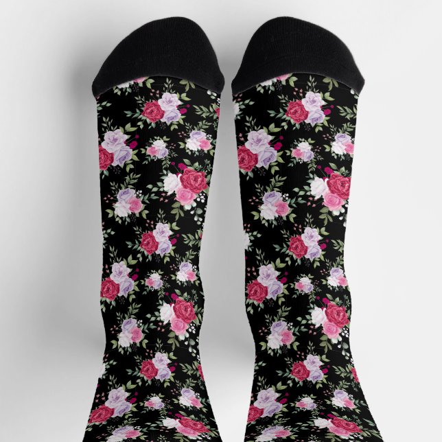 Chaussette Fleur rouge et rose chic sur noir élégant (Haut)